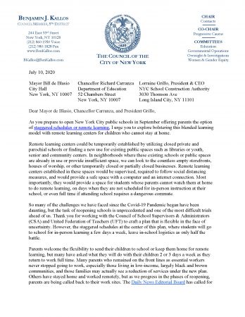 Letter to Mayor and Schools Chancellor Proposing Remote Learning Centers